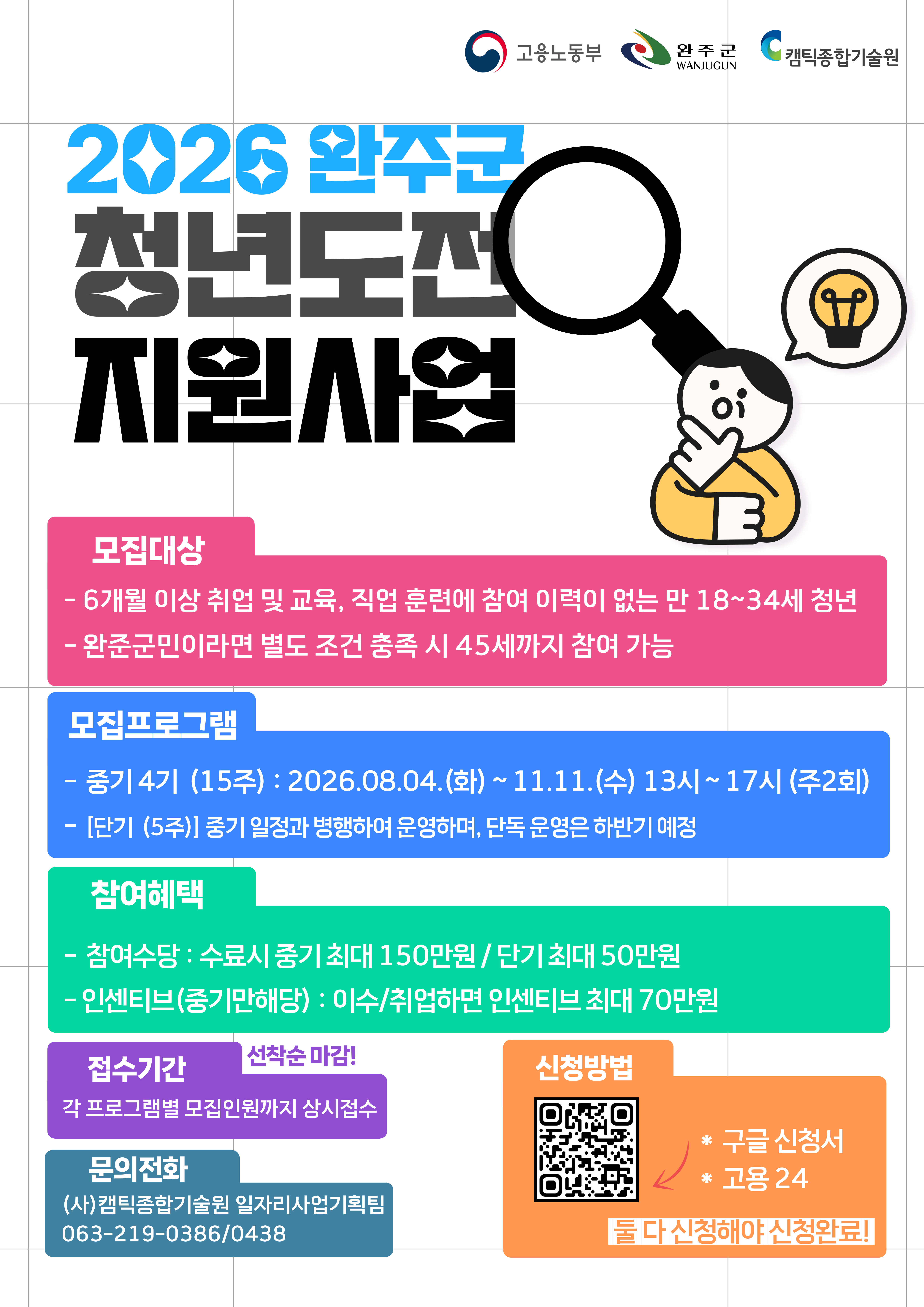 고용노동부
WANJUGUN 완주군
캠틱종합기술원
2026 완주군
청년도전 지원사업
모집대상
- 6개월 이상 취업 및 교육, 직업 훈련에 참여 이력이 없는 만 18~34세 청년
- 완준군민이라면 별도 조건 충족 시 45세까지 참여 가능
모집프로그램
- 중기 4기 (15주) : 2026.08.04.(화) ~ 11.11.(수) 13시~17시 (주2회)
[단기 (5주)] 중기 일정과 병행하여 운영하며, 단독 운영은 하반기 예정
참여혜택
참여수당 : 수료시 중기 최대 150만원/단기 최대 50만원
- 인센티브(중기만해당) : 이수/취업하면 인센티브 최대 70만원
접수기간
선착순 마감!
각 프로그램별 모집인원까지 상시접수
문의전화
(사)캠틱종합기술원 일자리사업기획팀
063-219-0386/0438
신청방법
* 구글 신청서
* 고용 24
둘다 신청해야 신청완료!